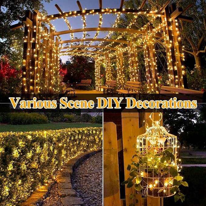 Ollny Solar String Lights Outdoor, 66FT 200LED Solar Fairy Lights with 8 Modes, Waterproof Solar Lights for Outside Yard Garden Patio Camping Party Wedding(Warm White)