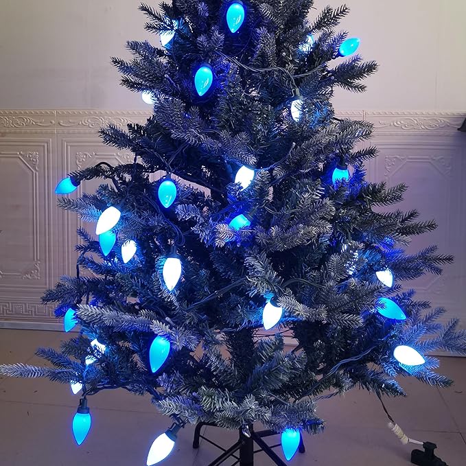 C9 Christmas Lights Outdoor 50 LED Blue + Cool White Strawberry 34.5ft Waterproof Xmas String Light for Garden Yard Home Party Holiday Christmas Tree Indoor Decoration(Blue + Cool White)