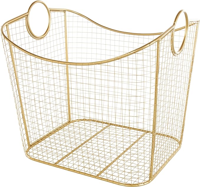 Deco 79 Metal Decorative and Functional Storage Basket Deep Basket Organizer with Round Handles, Basket for Storage 20" x 18" x 19", Gold