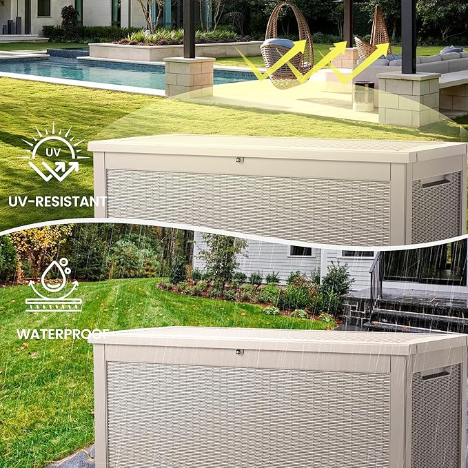 260 Gallon Storage Box, Waterproof Resin Deck Box with Steel Support & Hydraulic Rod, Lockable Storage Bench for Indoor & Outdoor Use, Storage Bin for Patio Cushions, Garden Tools, Grey