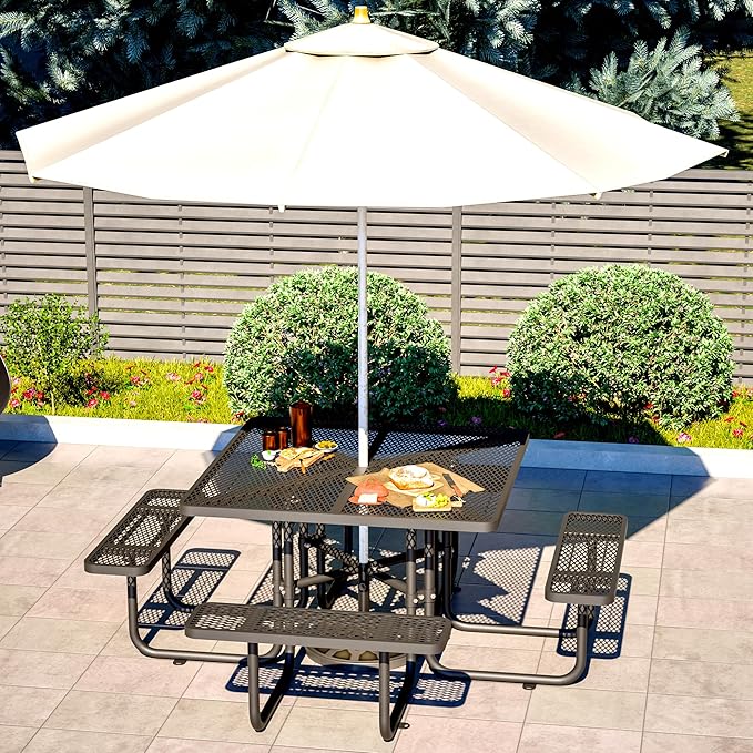 79'' Steel Square Picnic Table for Outdoors, Expanded, Lifetime Picnic Table with Umbrella Hole, Heavy Duty Sturdy Commercial Picnic Tables for Garden Courtyard BBQ, Black