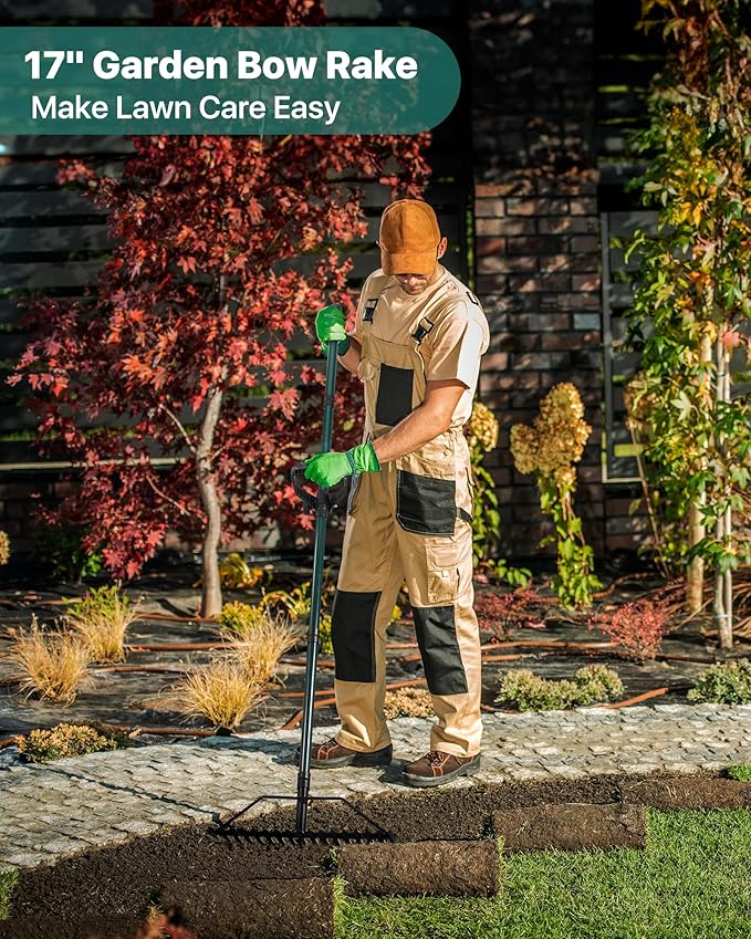 Garden Rake, 17'' Thatch Rake Heavy Duty with 63'' Long Back-Saving Adjustable Handle, Heavy Duty Metal Garden Tool for Loosening Leveling Soil, Gathering Leaves Grass, Weeding