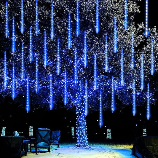 Dazzle Bright Christmas Lights Outdoor, 288LED Meteor Shower Rain Lights 12 Inch 8 Tubes, Waterproof Plug in Falling Icicle Light Christmas Decorations for Xmas Tree Yard House Decor (Blue)
