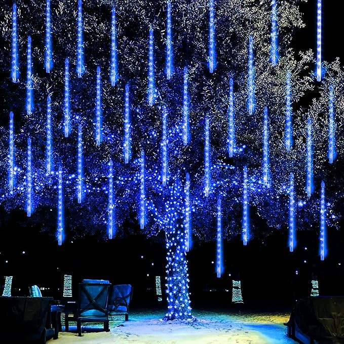 Dazzle Bright 864LED Christmas Light, Meteor Shower Rain Lights 11.8 Inch 24 Tubes, Waterproof Plug in Falling Rain Lights Christmas Decorations for Xmas Bushes Tree Yard Party (Blue)