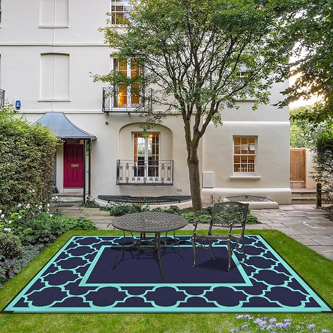 GENIMO 6' x 9' Outdoor Rug Waterproof for Patio Decor, Foldable Reversible Plastic Straw Area Rugs Mat for Camper, Outside Carpet for Rv, Deck, Porch, Picnic, Beach, Balcony, Navy Blue & Jade Green