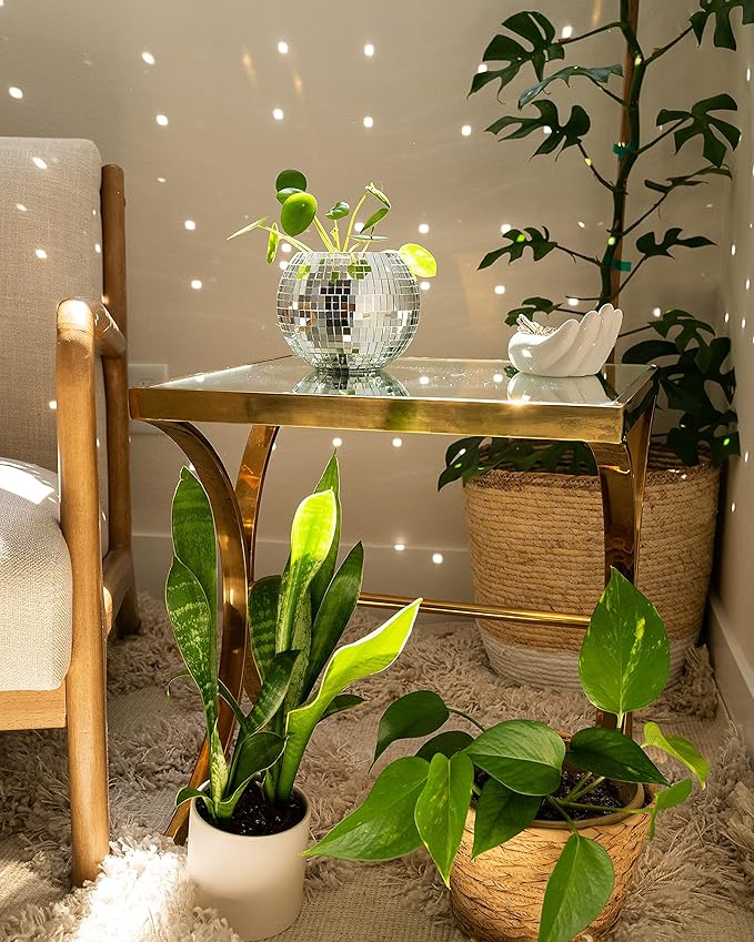 Hanging Disco Ball Planter 8" - with Acrylic Stand and Macrame Plant Hanger - Home Décor, Room Décor, Mirror Disco Planter, Disco Decor (6" with Black Hanger, Flat Base)