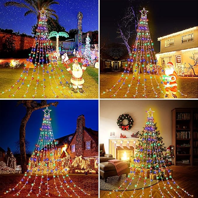 Christmas Decoration Lights, Outdoor Christmas String Lights 320 LED 11.5 Ft Waterfall Tree Lights with Big Star Topper 8 Light Modes for Christmas New Year Holiday Garden Yard Indoor Outdoor Decor