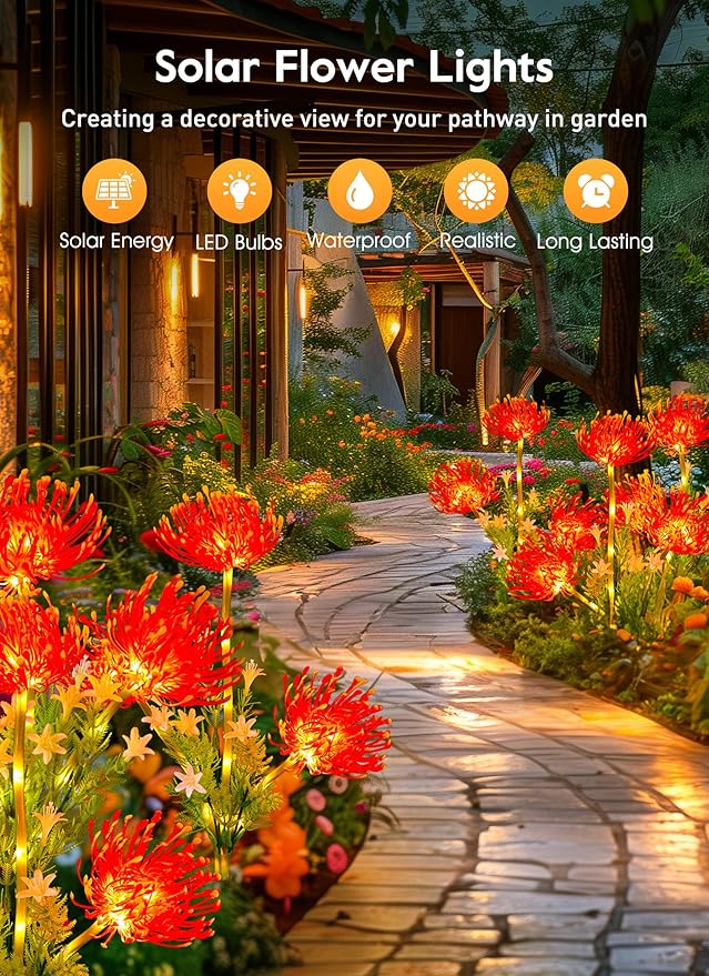 Brightown Outdoor Solar Garden Lights - 4 Pack LED Flower Lights with Glowing Flowers & Stems, Realistic, Bigger Solar Panel, Waterproof for Outside Yard Patio Home, Red