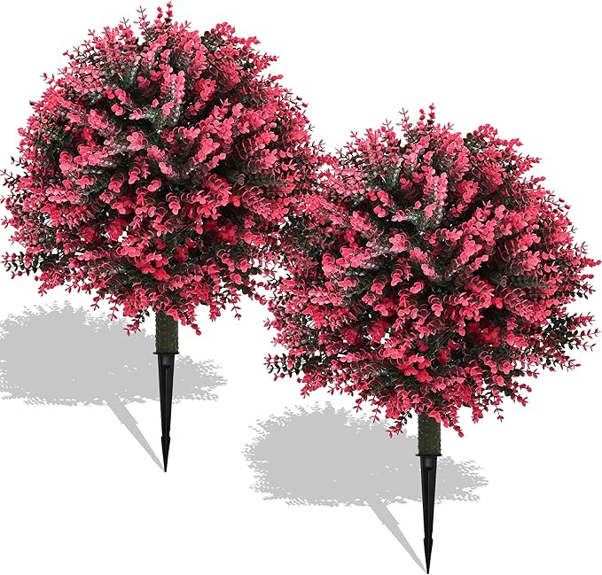 28" Set of 2 Artificial Boxwood Topiary Ball Bush for Outdoor with Ground Spike, UV Resistant Faux Greenery Shrubs, Fake Rose&Green Boxwood Plants for Garden, Yard, Porch, Patio Decor
