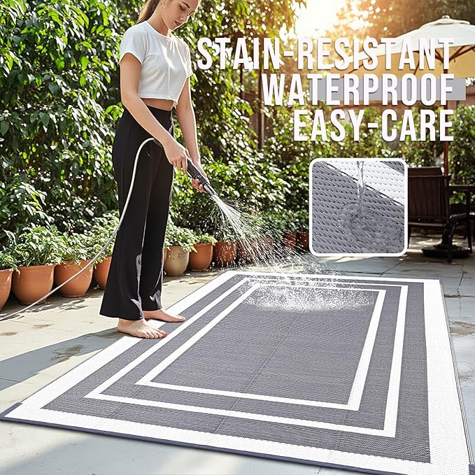 OLANLY Outdoor Rug 9x12 ft Waterproof, Reversible Outdoor Plastic Straw Rug, RV Mat, Indoor Outdoor Carpet Clearance for Patio, Camping, Balcony, Deck, Backyard, Grey & White