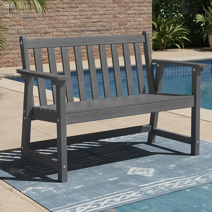 Ciokea 44" Outdoor Bench, HDPE Weatherproof Garden Bench, 2-Person Porch Benches with 550 Lbs, Waterproof Patio Benches for Outside Balcony Deck Backyard, Dark Grey