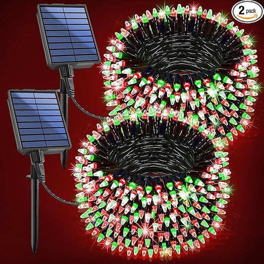 2-Pack 200FT Solar String Lights for Outside, 600 LED Extra-Bright Solar Light Outdoor with 19 Modes & Timer, Waterproof Fairy Solar Lights for Garden Patio Tree Christmas Decorations Red & Green