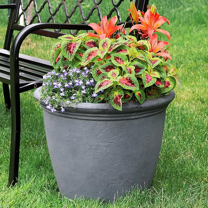 Sunnydaze 20-Inch Anjelica Large Plastic Pot for Plants - Outdoor Polyresin Round Planter with Drillable Drainage Holes - Slate - 4pk
