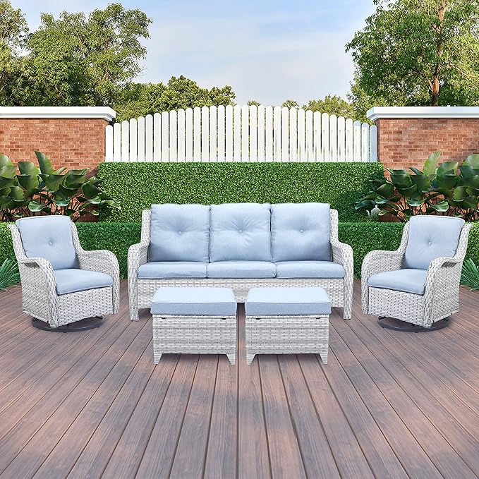 Outdoor Swivel Rcoker Patio Chairs - Outdoor Swivel Patio Chairs Set of 2 Wicker Chair Patio Furniture Sets with Covered Cushion for Porch Deck Balcony Garden, Baby Blue