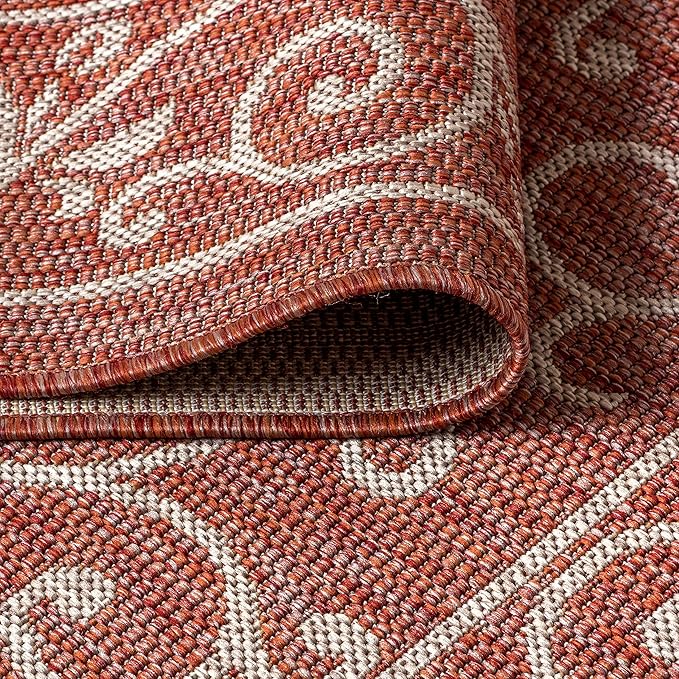 JONATHAN Y SMB106B-9R Charleston Vintage Filigree Textured Weave Red/Beige 9' Round Indoor/Outdoor Area Rug, Pet Friendly, Non-Shedding, Stain Resistant, Easy-Cleaning for Backyard, Patio, Porch