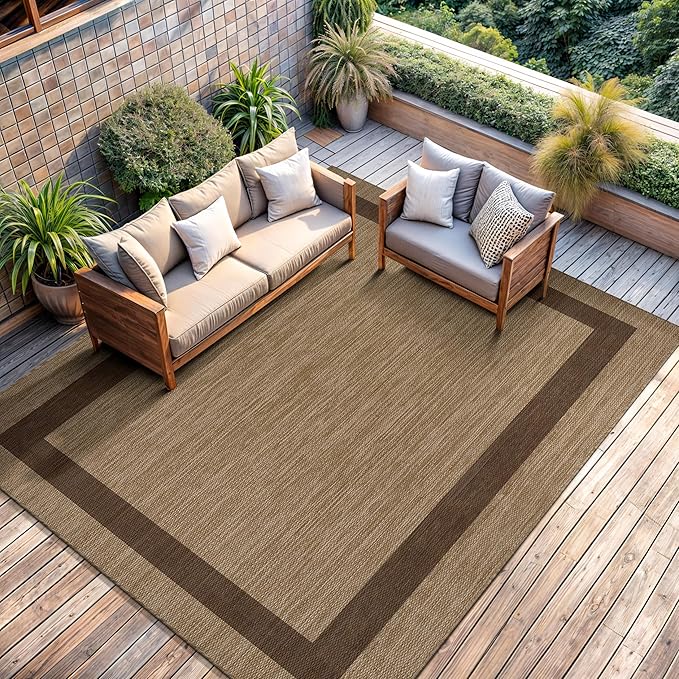 CAMILSON Outdoor Rug 10x14 - Large Modern Outside Rugs for Patios Porches Waterproof Durable Washable Non-Shedding, Easy-to-Clean Indoor Outdoor Area Carpet (10 x 14, Bordered - Jute)