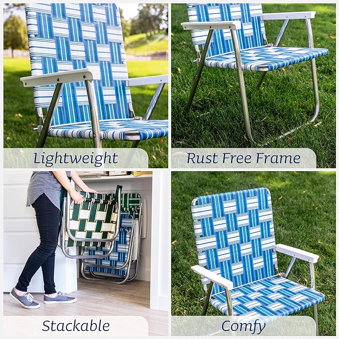 Lawn Chair USA Folding Aluminum Outdoor Patio Lawn Chair | Heavy-Duty Webbed Chairs for Camping, Sports, Beach, Yard & Tailgating | Lightweight Portable | Classic - Blue/Red