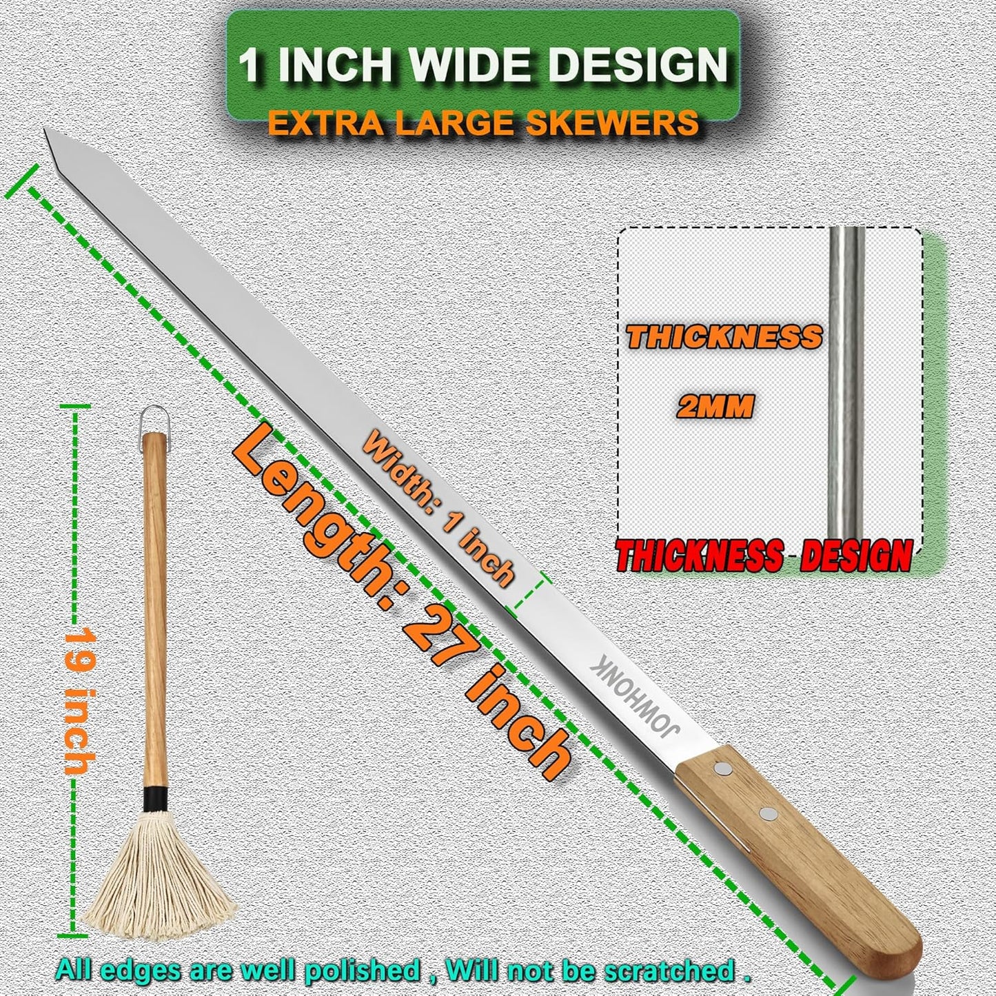 27 Inch Extra Long 1 Inch Wide Kabob Skewers for Grilling, Premium 304 Stainless Steel Barbecue Skewer with Wood Handle,Metal Flat Kebab Skewers include 8PCS BBQ Skewer,1PCS Grill Mop Brush