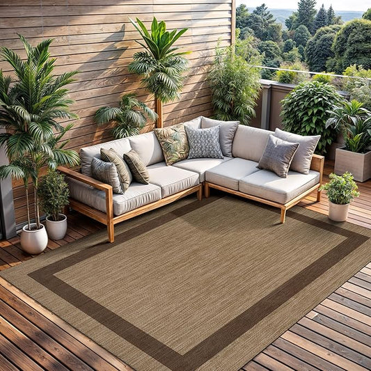 CAMILSON Outdoor Rug 6x9 - Modern Outside Rugs for Patios Porches Waterproof Durable Washable Non-Shedding, Easy-to-Clean Indoor Outdoor Area Carpet (6 x 9, Bordered - Jute)