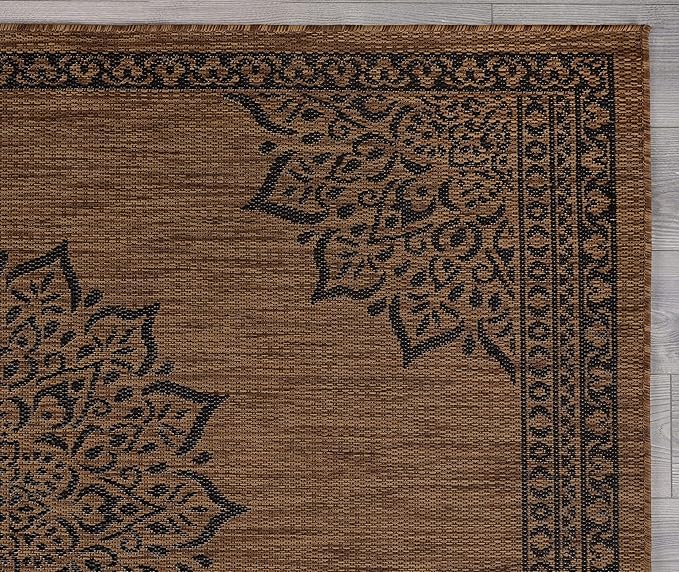 CAMILSON Outdoor Rug 8x10 Medallion Nut Brown Black Modern Area Rugs for Indoor and Outdoor Patios, Kitchen and Hallway Rug, Washable Porch Deck Outside Carpet (8 x 10)