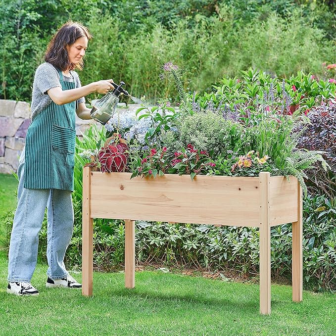 Yaheetech 1pc Raised Garden Bed 48x24x30in Elevated Wooden Horticulture Planter Box with Legs Standing Growing Bed for Gardening/Backyard/Patio/Balcony